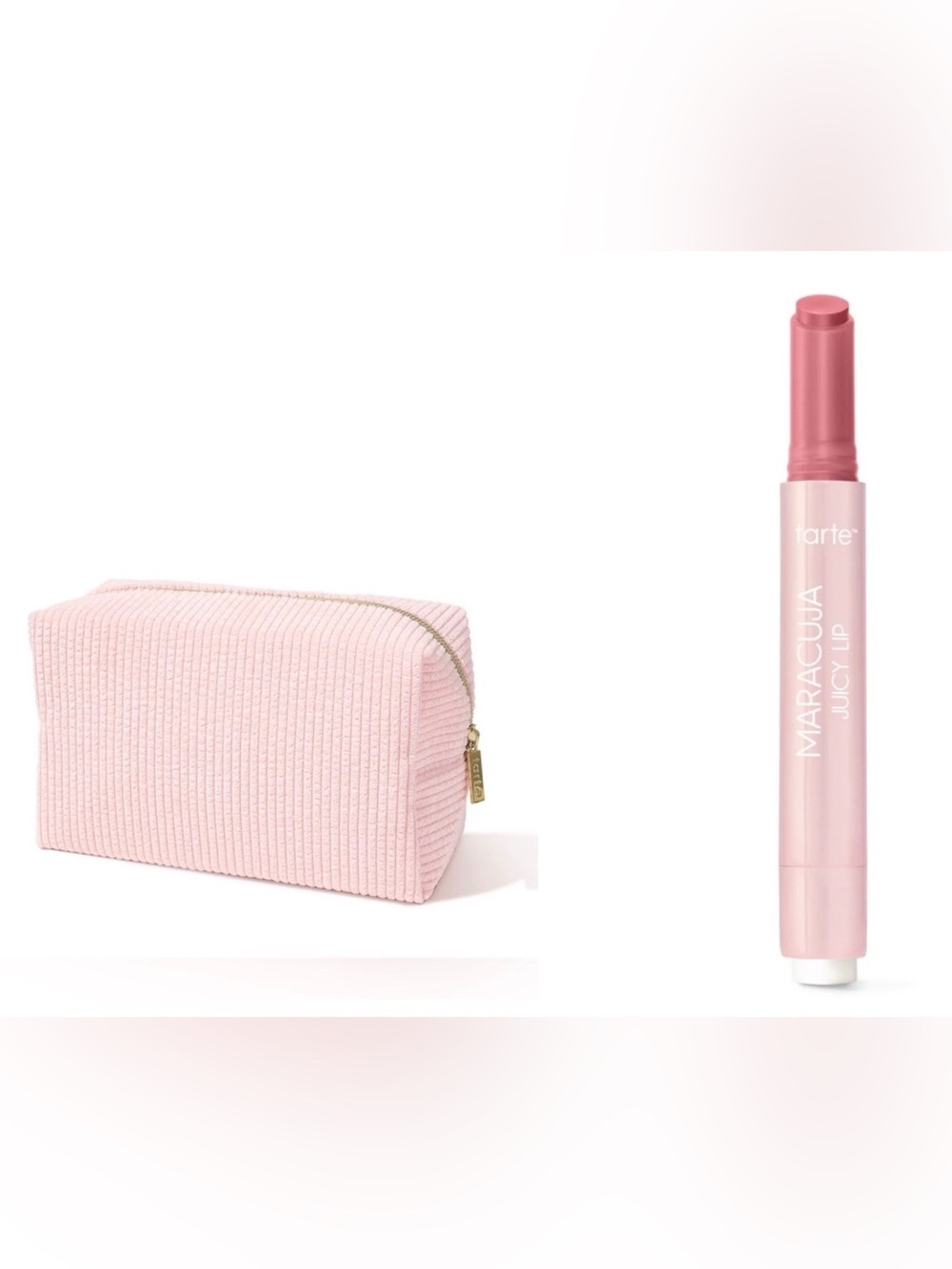 tarte Pale Pink Ribbed Cosmetic bag and Maracuja Juicy Lip Balm in Hibiscus